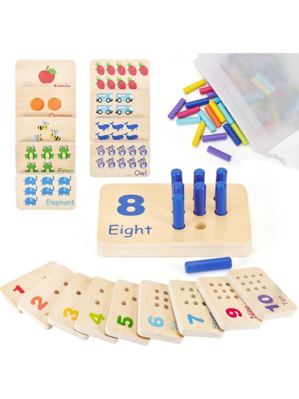 Montessori Wooden Number Blocks & Counting Peg Board for Kids Age 3-5, Learning